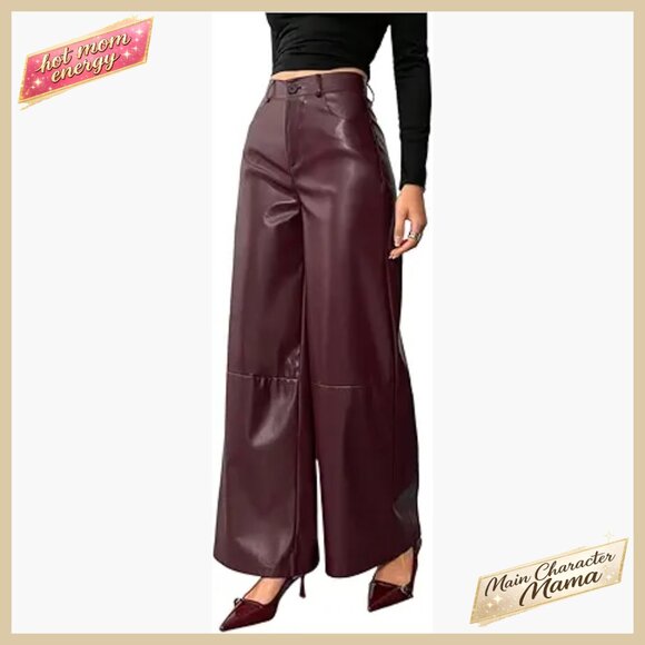 Faux Leather Wide Leg Pants High Waist Button Front Dressy Casual Trousers